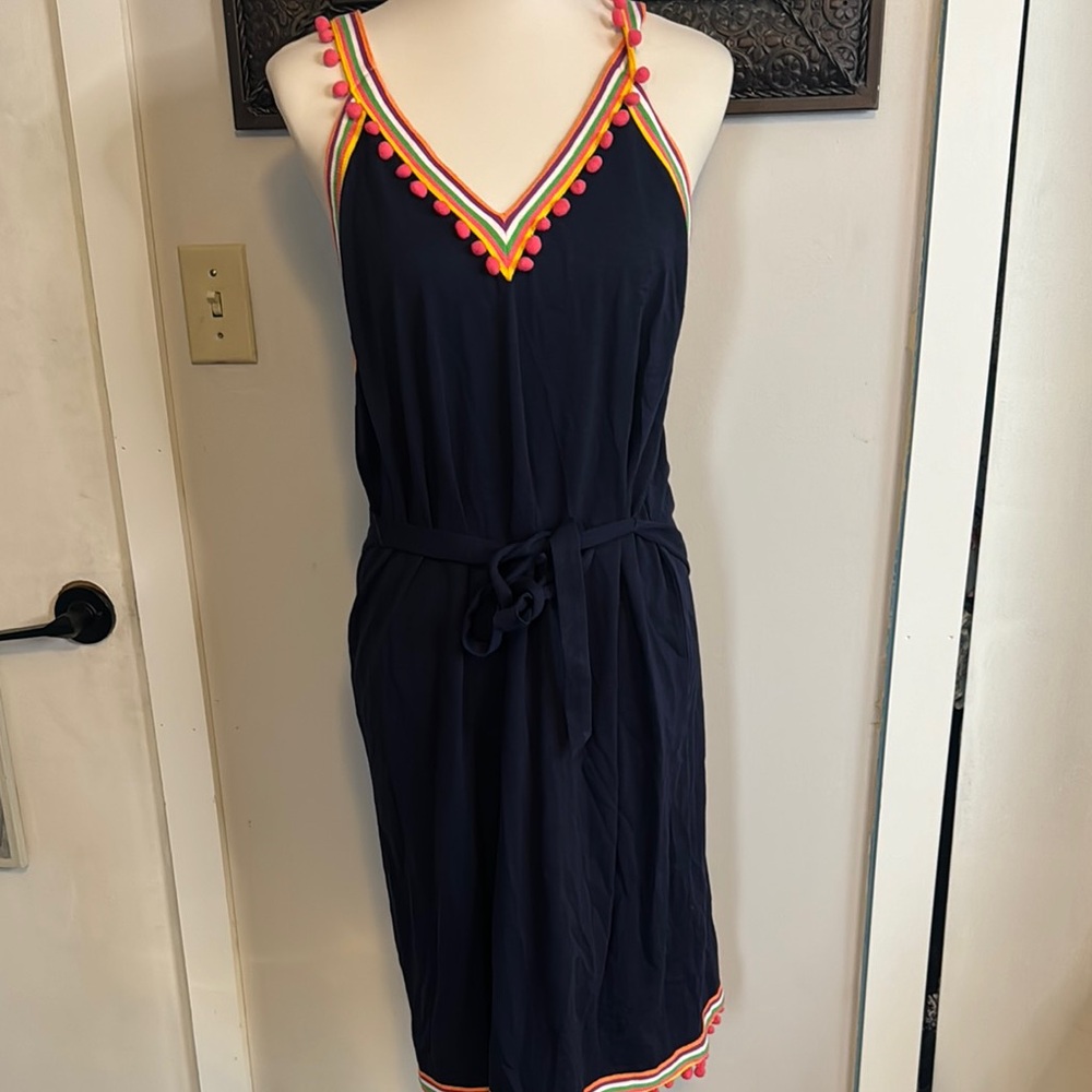 Boden Navy Dress with Colorful Trim and Pom Poms